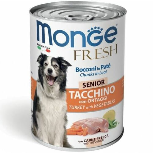 MONGE DOG FRESH CHUNKS SENIOR TURKEY suņu konservi Tītars 400g
